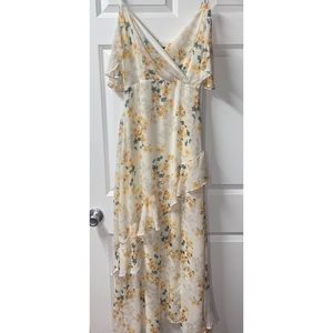 Lulus- Shadow Blooms Cream Floral Print Ruffled Dress
